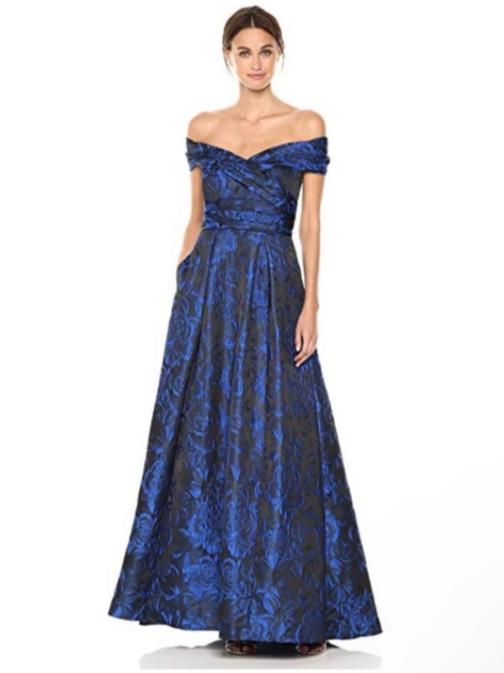 Carmen Marc Valvo Off-Shoulder Blue Floral Brocade Jacquard Gown 💙💙